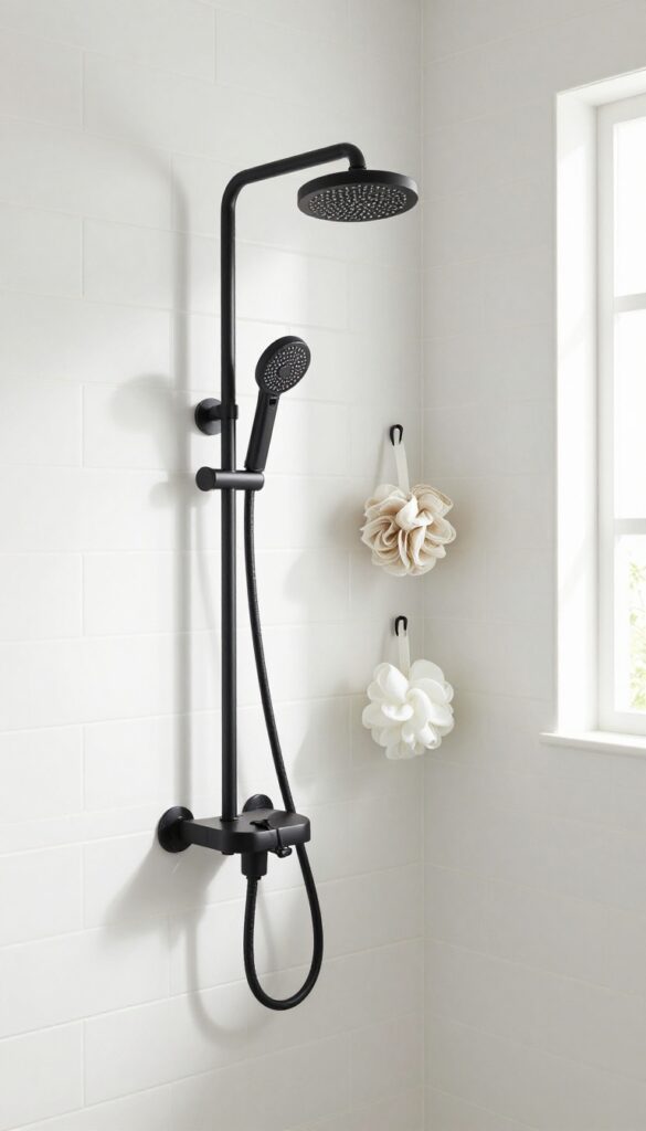 Black corner caddy with hooks holding loofahs in a white-tiled shower