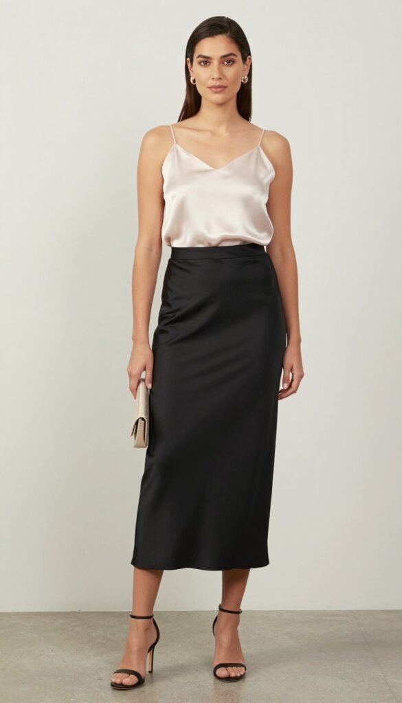 Woman wearing a satin camisole and black maxi skirt outfit for summer, styled with heeled sandals, clutch, and statement earrings in a bright natural setting.