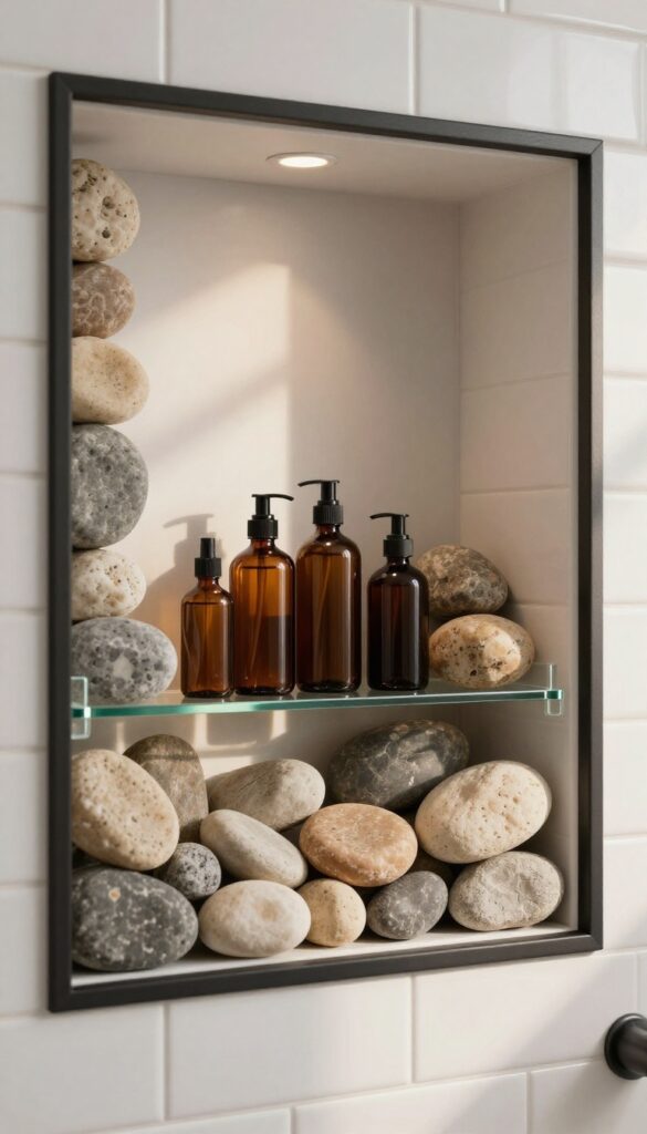 Shower niche with river rock lining and a floating glass shelf holding amber bottles