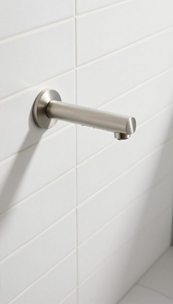 Sleek single lever shower faucet in brushed nickel on white subway tile wall