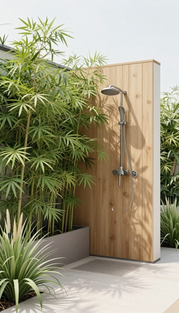 Rooftop deck with outdoor shower and tall planters for privacy