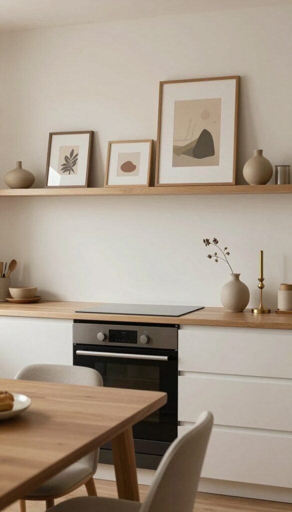 Cozy kitchen pass through with layered artwork and small decor items on a shelf
