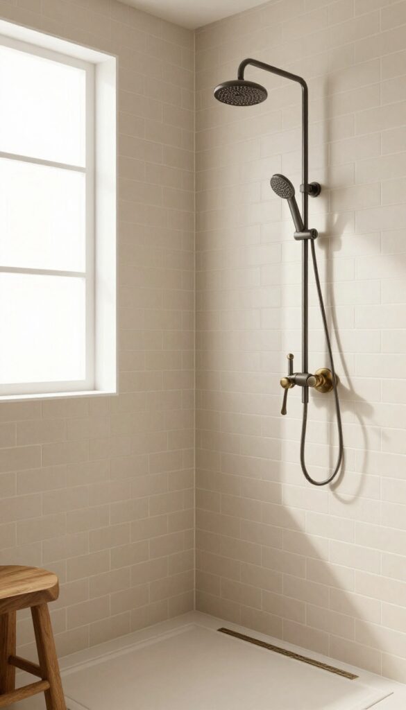 Beige subway tiles stacked vertically in a shower with warm brass fixtures and natural light