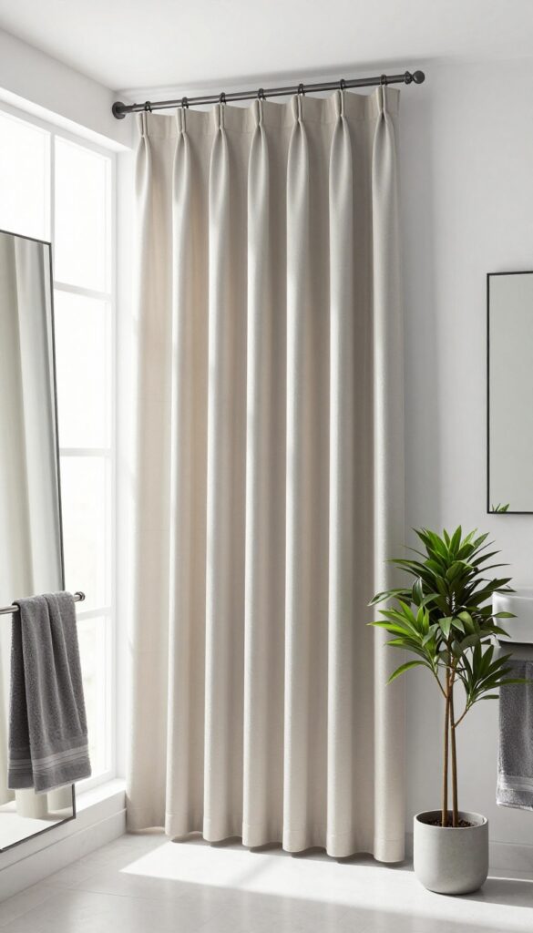A tall shower curtain with vertical stripes in neutral tones, hung high in a bright bathroom with natural light, featuring a slim mirror, muted towels, and a tall plant to create a spacious and polished look.