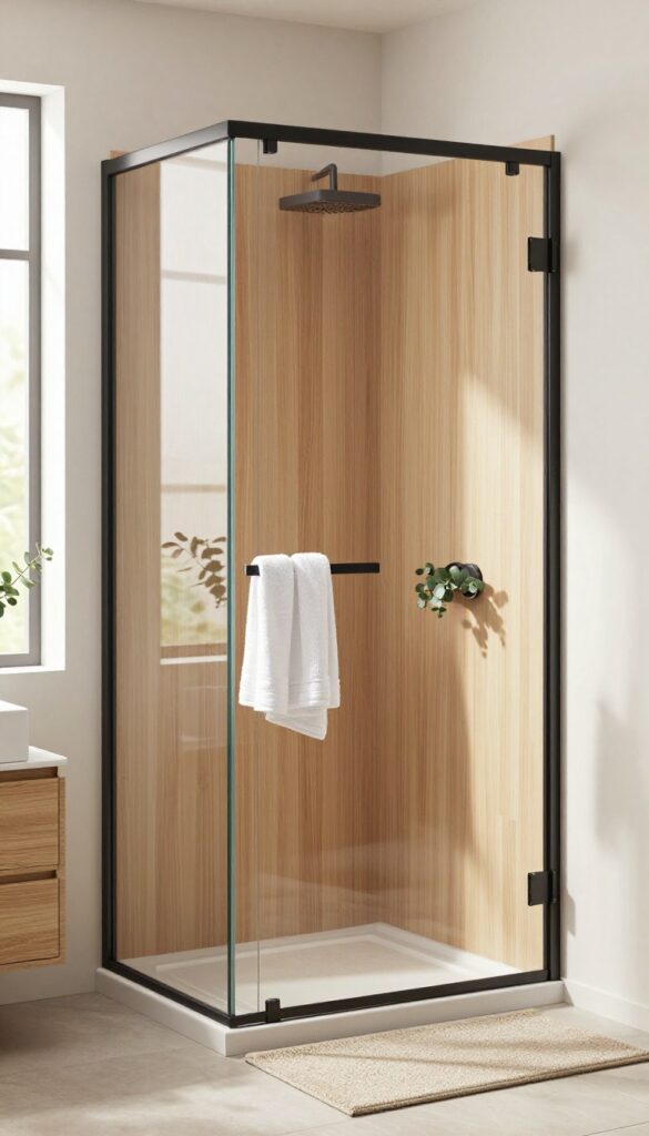 Semi-frameless shower screen with matte black frame in a cozy bathroom with wood accents and soft lighting.