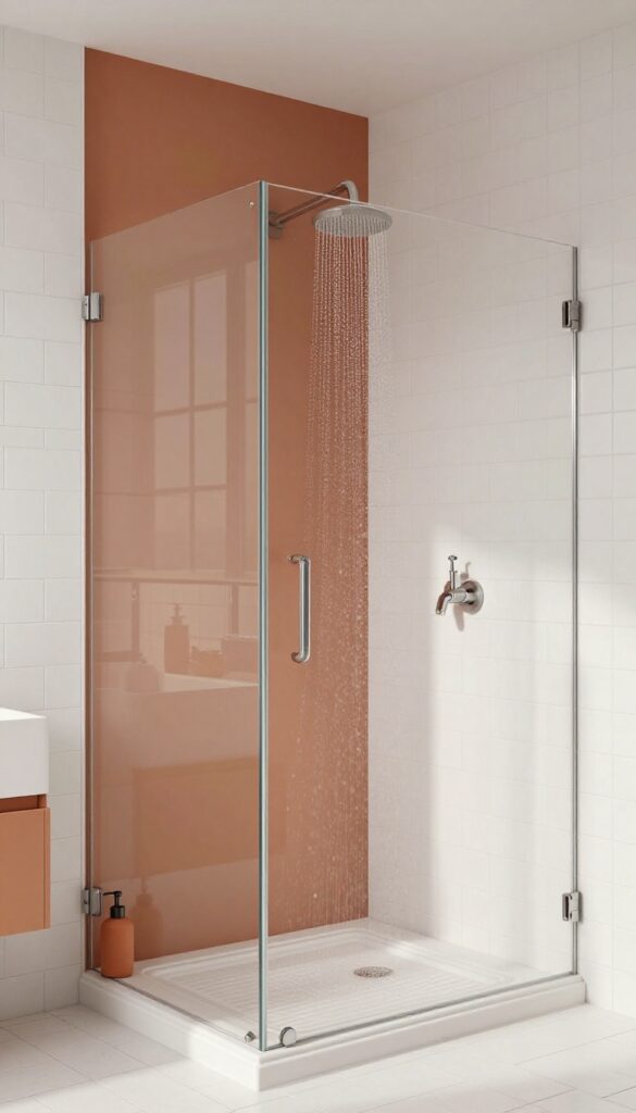 Bathroom shower with a window featuring a warm terracotta painted frame, white tiles, and natural light.