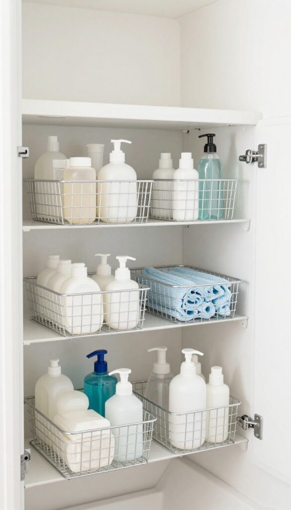 Under-sink slide-out baskets in an RV bathroom, showcasing organized storage with bright lighting and clean decor.