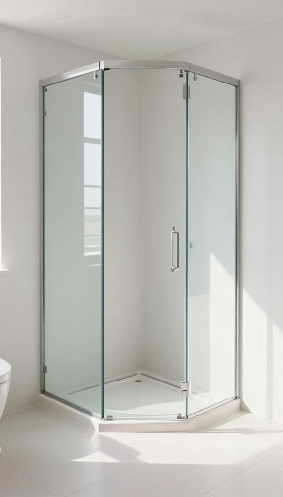 Bright small bathroom with frameless pivot glass shower door, low threshold, and seamless tile floor