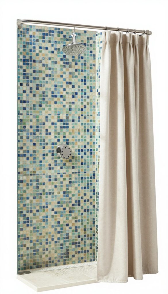 Outdoor shower with mosaic tile backsplash and fabric curtain