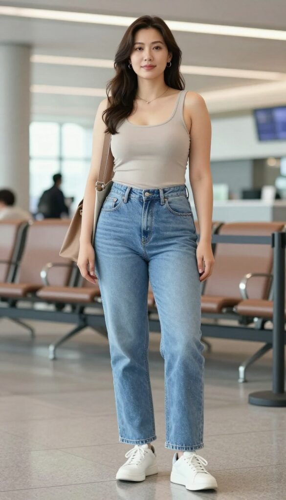 A woman wearing high-waisted relaxed jeans and a neutral tank top with a lightweight blazer, carrying a leather tote bag and white sneakers, in a summer airport setting for a comfortable and stylish travel outfit.