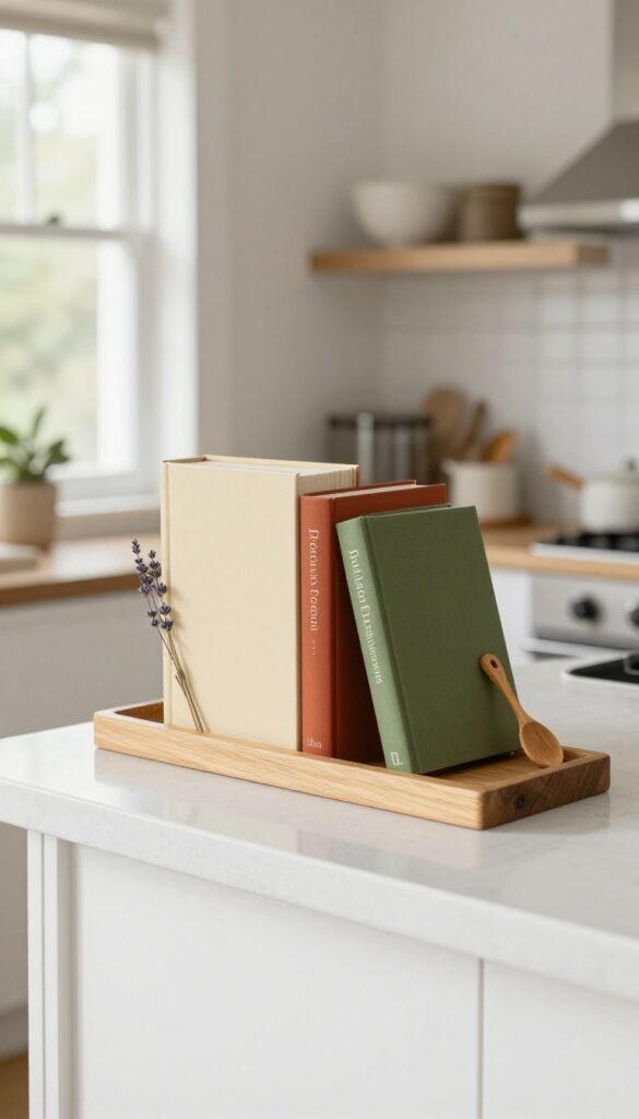 A narrow shelf on the front of a kitchen peninsula holds colorful cookbooks and small decorative items.