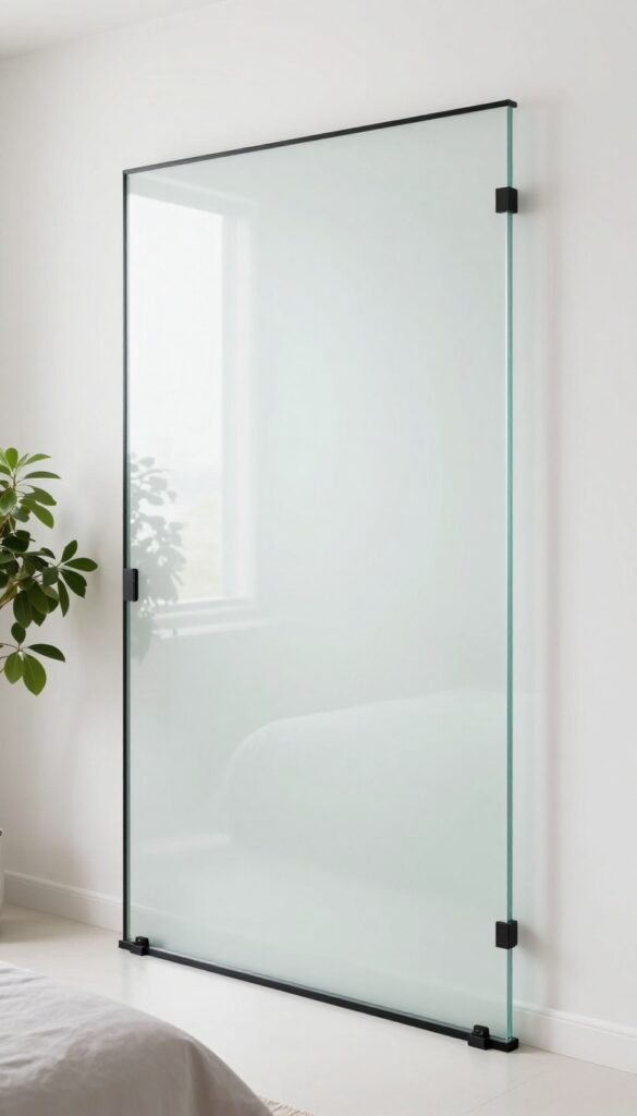A modern bedroom with a transparent glass or acrylic panel divider in bright natural light, showcasing sleek design and light preservation.