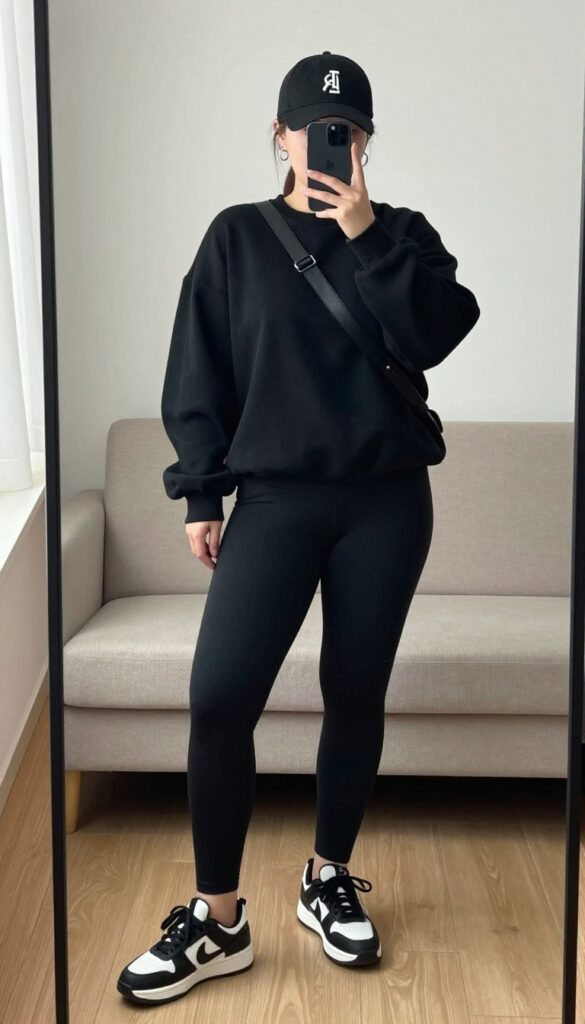 A woman in a black sweatshirt, black leggings, and chunky sneakers takes a mirror selfie, holding her phone. She wears a black baseball cap with a small team logo and silver hoop earrings. The setting is a bright, modern living room with a mirror and wooden floors.