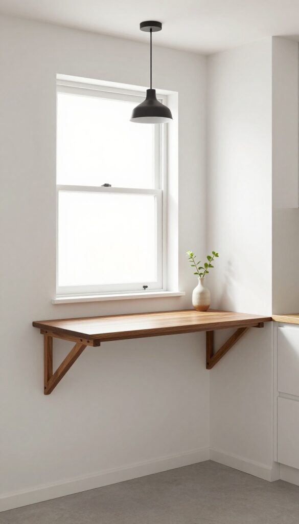 Wall-mounted fold-down table in a small bright kitchen