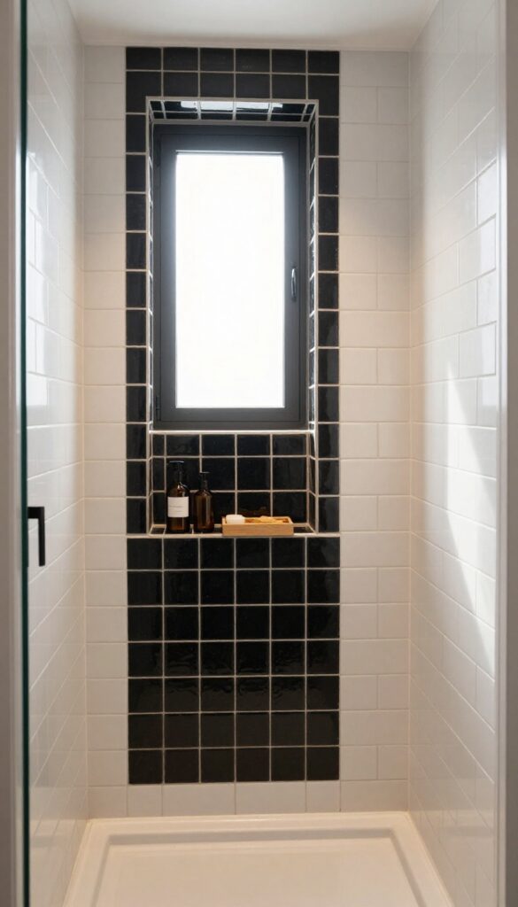 Single shower stall with recessed niche lined with bold geometric tile, contrasting with neutral wall tile, featuring amber bottles and wooden accessories.