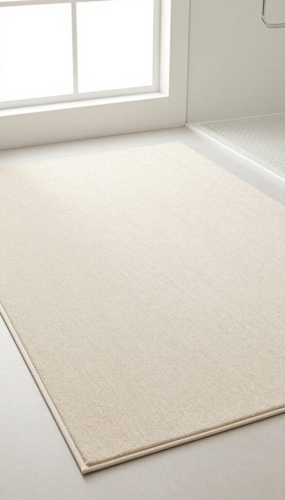 Layered rugs in a bathroom: a large beige rug with a smaller patterned mat on top, adding texture and depth for a cozy, stylish look under natural light.