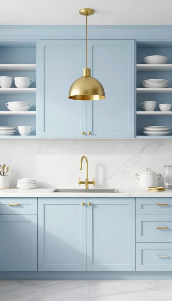 Pale blue kitchen cabinets with brass handles and pendant light, white marble countertops, open shelving with white dishes