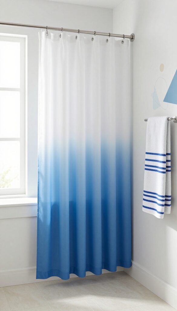 A tall two-tone shower curtain with white over blue color blocking in a bright, clean bathroom, featuring geometric art and vertical-striped towels to create a height-enhancing effect.
