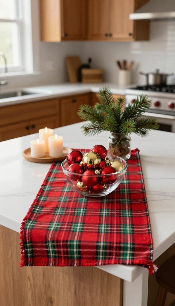 Kitchen island with plaid tea towel runner, glass bowl of ornaments, candles, and greenery.