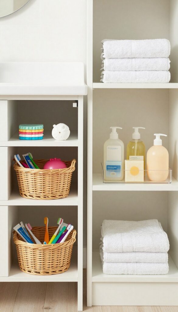 A bright bathroom with separate storage zones: lower baskets for kids' items and upper shelves for guest supplies.