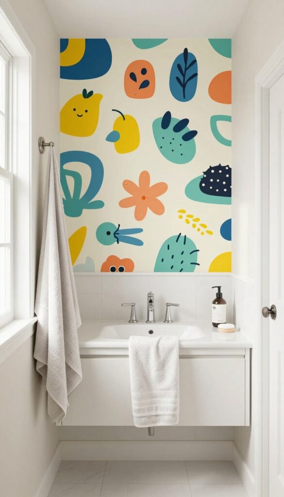 A guest bathroom with playful accent wallpaper featuring quirky illustrations and abstract shapes on one wall behind the vanity, in bright natural light with neutral other walls and matching accessories.
