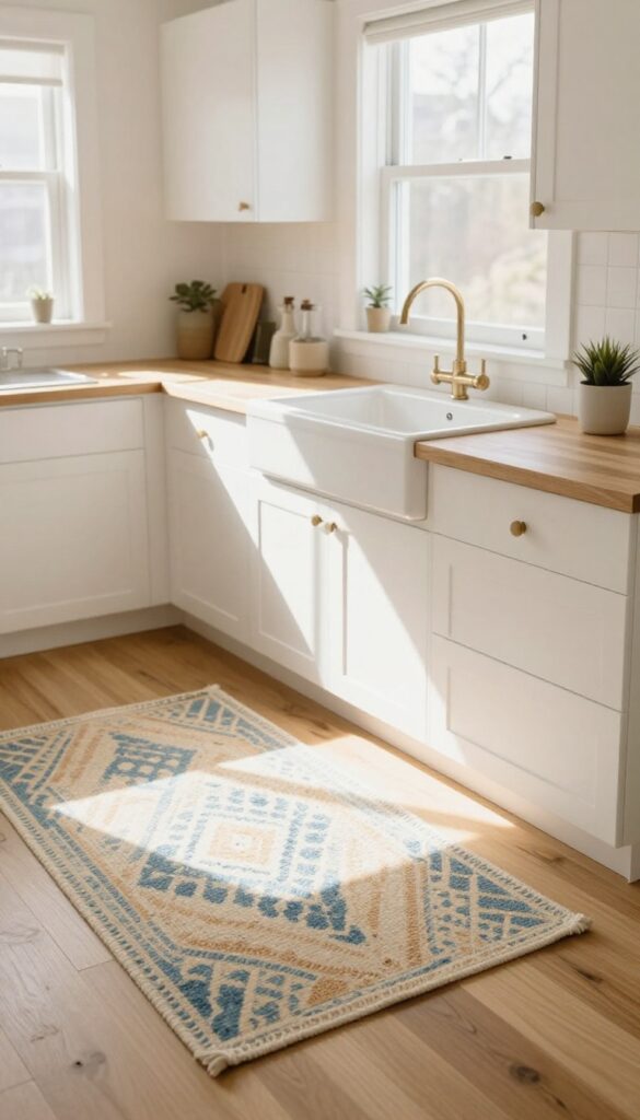 A small patterned rug in front of a kitchen sink adds warmth and defines a cozy zone in a bright apartment kitchen.