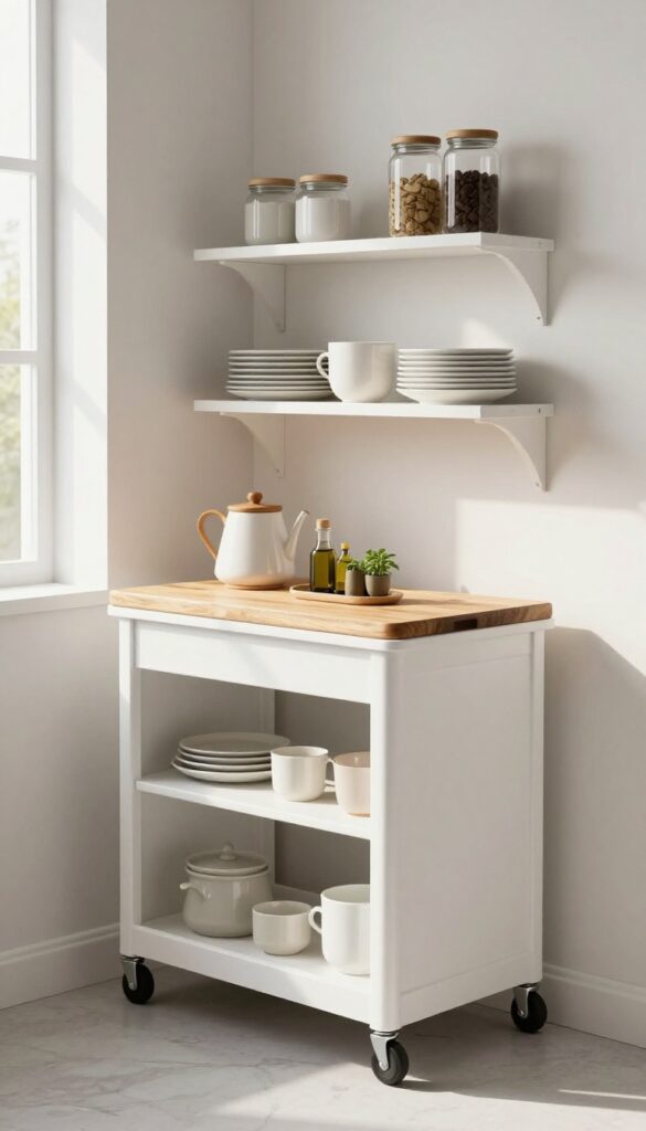 Slim rolling cart in kitchen corner with coffee station and herbs