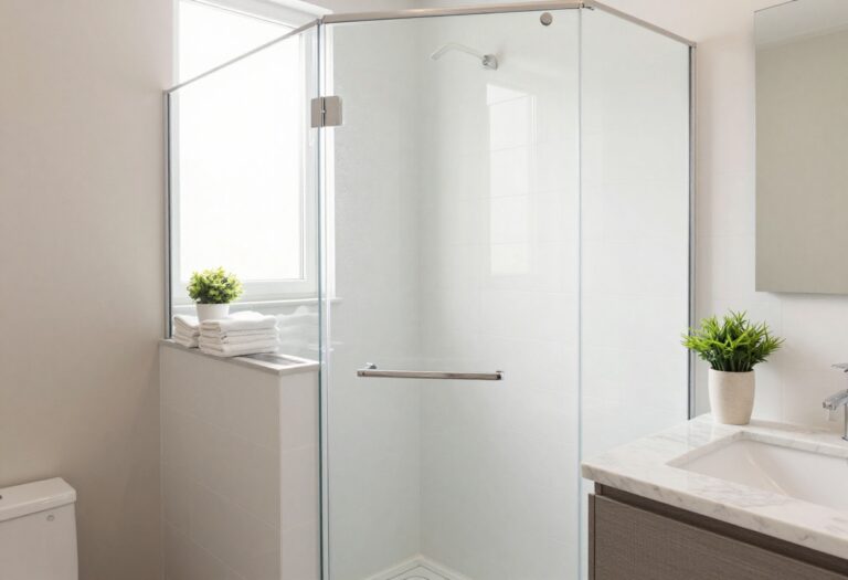 A bright, modern bathroom with a half wall divider separating the shower and vanity areas, showcasing clean design and natural light.