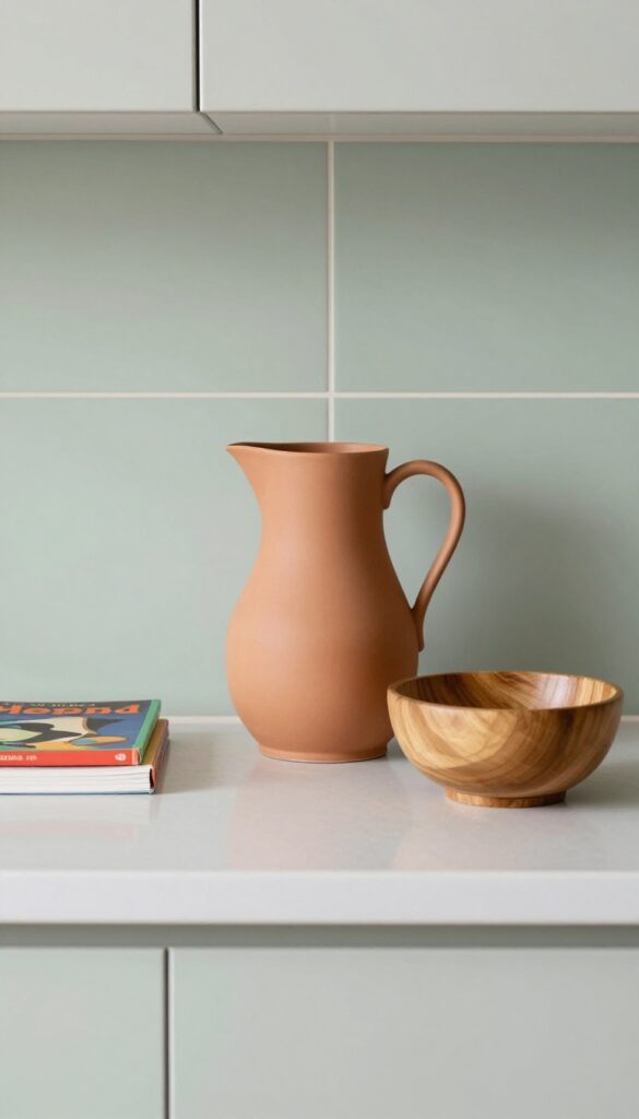 A kitchen countertop styled with a terracotta pitcher, wooden bowl, and colorful cookbook in natural light.