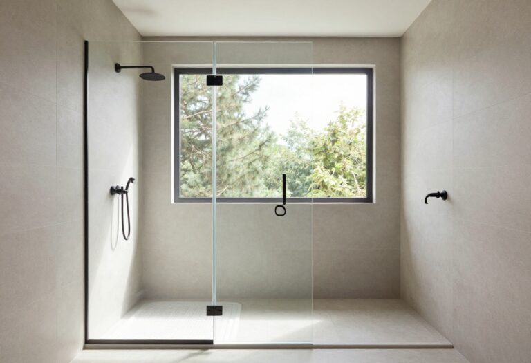 Modern zero-entry shower with smooth finish, frameless glass, neutral tiles, and matte fixtures in a minimalist bathroom.