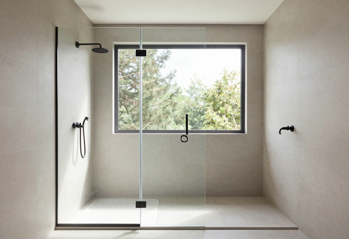 Modern zero-entry shower with smooth finish, frameless glass, neutral tiles, and matte fixtures in a minimalist bathroom.