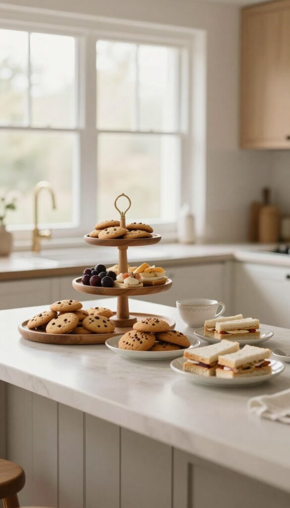Tiered serving tray on kitchen counter with treats for bridal tea