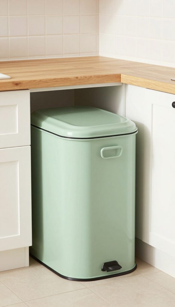 Vintage-inspired metal trash can in sage green with lid in a bright, clean kitchen