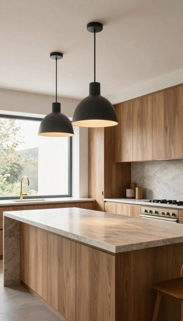 Three industrial metal pendant lights with soft interior colors hanging over a kitchen island in a bright modern kitchen