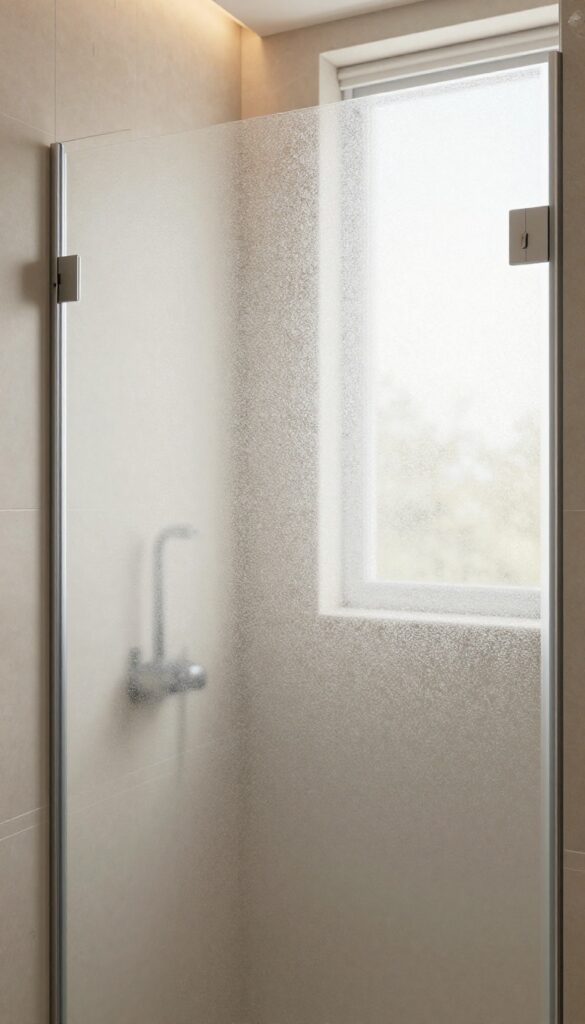 Close-up of textured frosted glass shower door with soft light diffusion in a neutral-toned bathroom featuring natural elements like wood and pebbles.