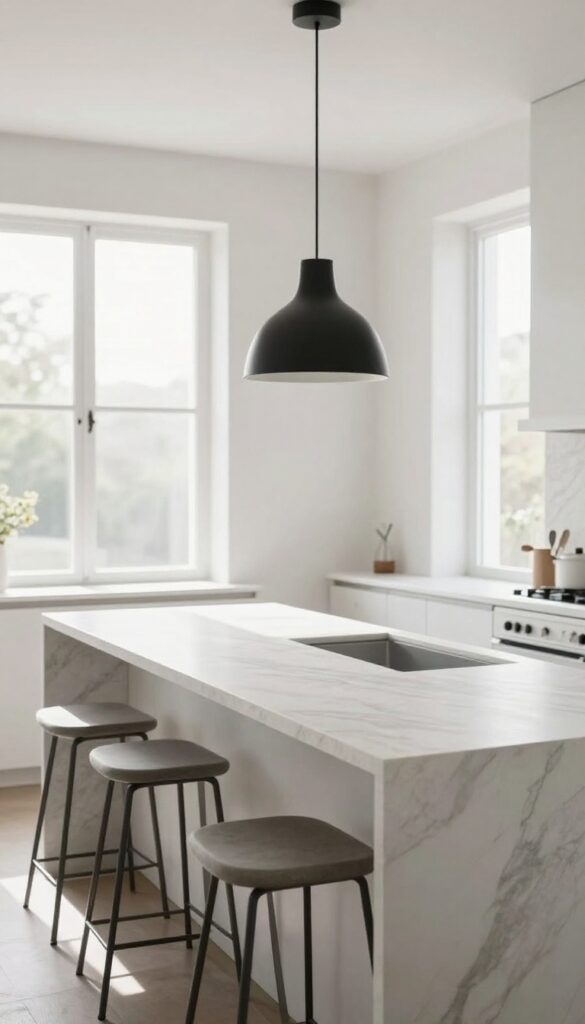 Modern kitchen with white marble waterfall island, minimalist bar stools, and a black pendant light in bright natural light.