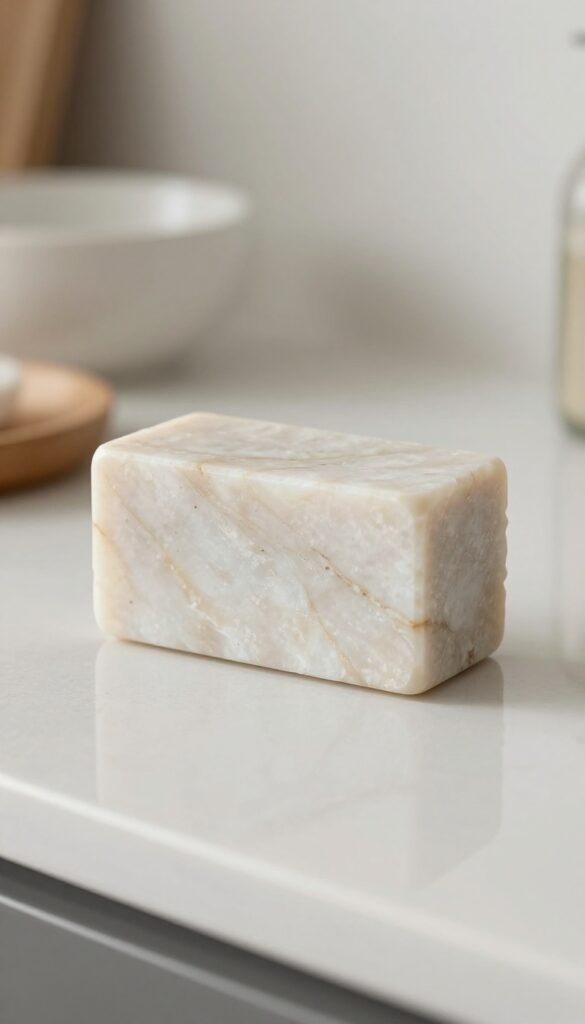 Textured stone soap dispenser on kitchen counter