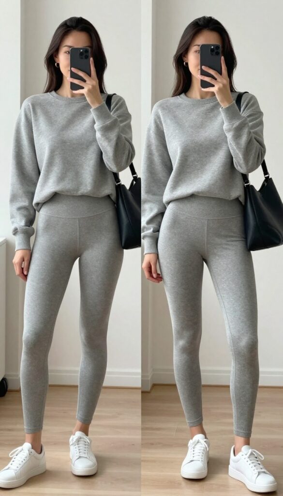 Woman in matching heather grey sweatshirt and leggings with white sneakers, taking a mirror selfie in bright natural light. Minimal jewelry and structured tote bag complete the polished athleisure look.