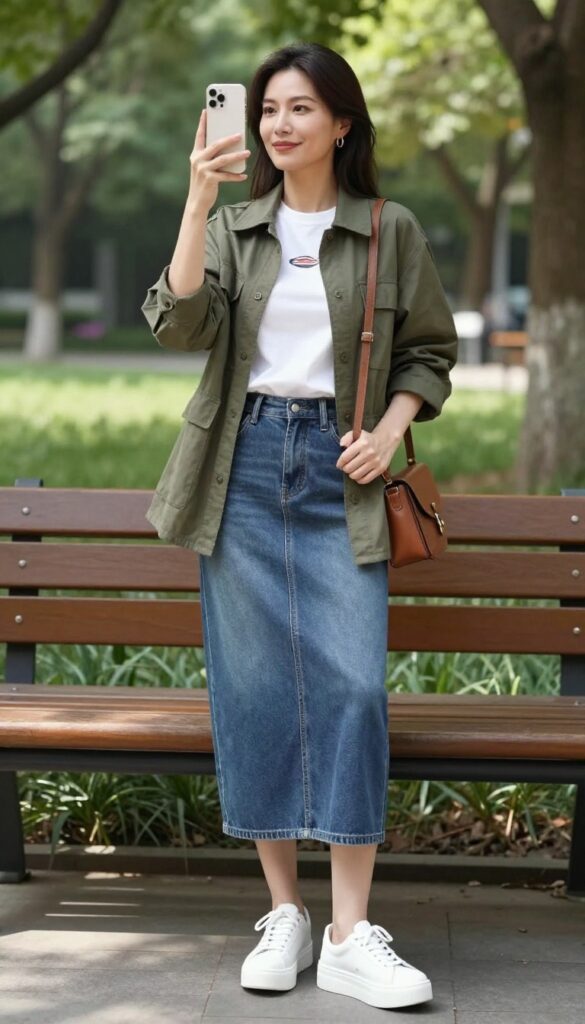 A mom wearing a white graphic tee tucked into a denim A-line midi skirt, olive utility jacket, white sneakers, and brown crossbody bag, standing in a sunny park