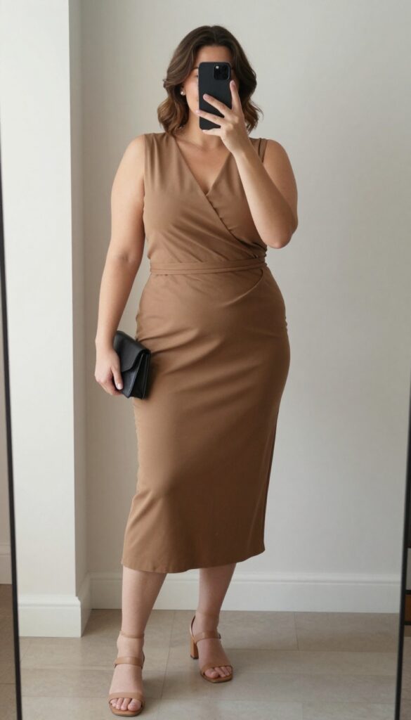 Plus-size woman in a midi wrap dress and heeled sandals, taking a mirror selfie, showcasing a semi-formal outfit.