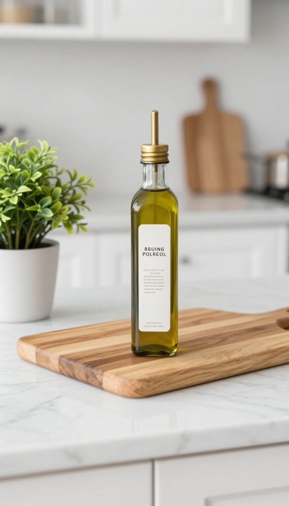Repurposed glass bottle with pump top as kitchen soap dispenser on marble counter