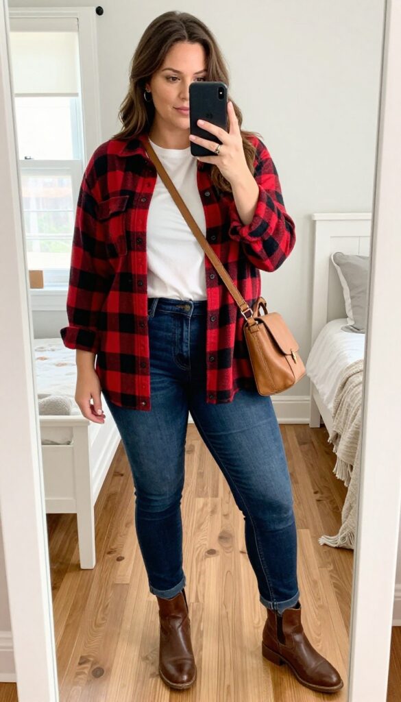 Plus-size woman in plaid flannel, white tee, dark jeans, and boots taking a mirror selfie in a bright room.