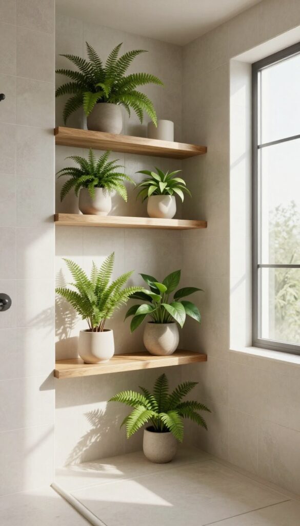 Floating shelves with plants in a no-glass shower, showcasing greenery on wooden shelves against tiled walls for an open and stylish bathroom decor.