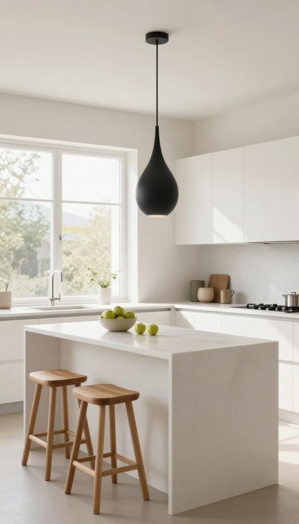 Minimalist kitchen island with a single sculptural pendant light and two slim backless stools, bright natural light, clean composition.