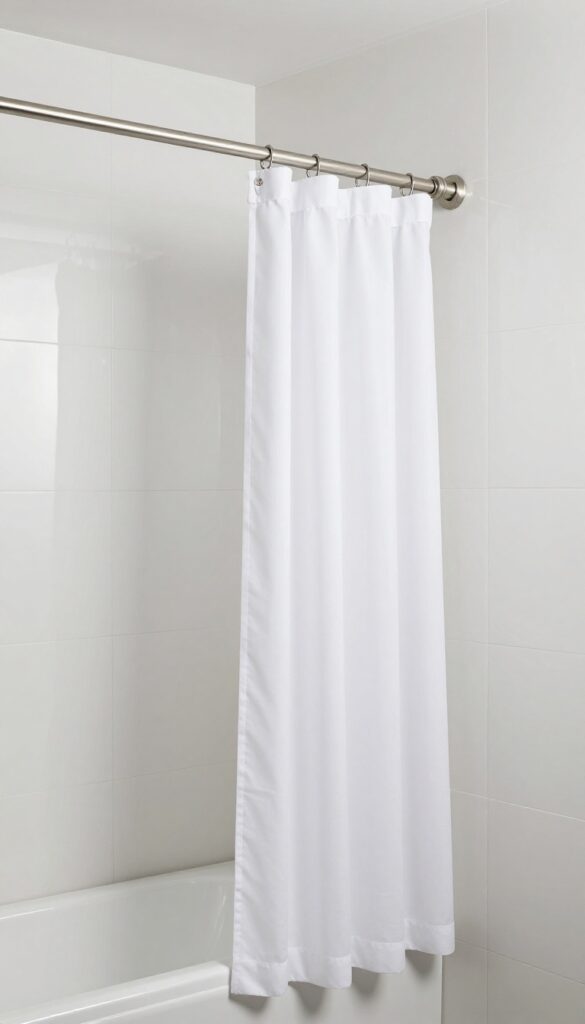 A swing-arm shower curtain rod in a modern bathroom, pivoted open to show easy access to the bathtub with natural lighting and minimalist styling.