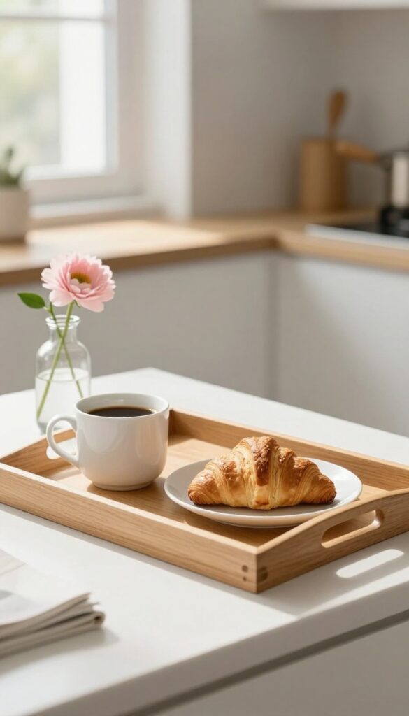 A breakfast tray with coffee, flower, and croissant in natural morning light