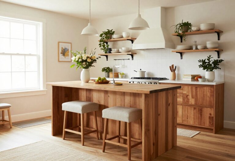 Warm cozy kitchen peninsula with butcher block counter, stools, open shelving, and pendant lights