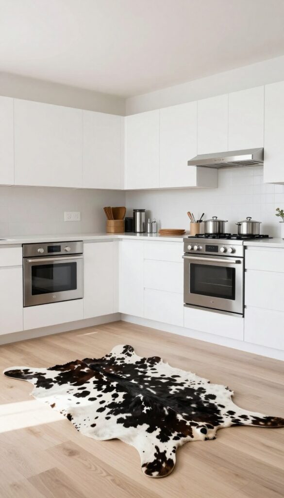 Modern kitchen with white cabinets and stainless steel sink, featuring a cowhide rug on the floor for rustic texture.