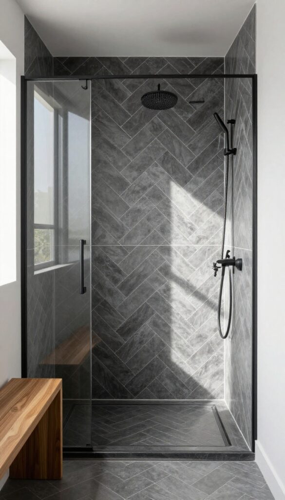 Charcoal grey herringbone tile shower with white grout