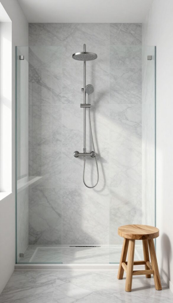 Luxury shower with grey marble-look porcelain tiles, soft veining, brushed nickel fixtures, and warm wood accents in natural light.